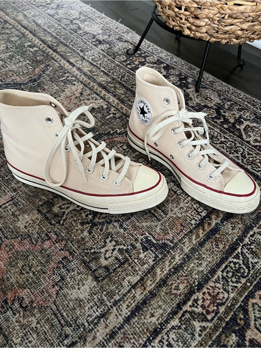 Converse High Top Sneakers in Cream with Red Stripe